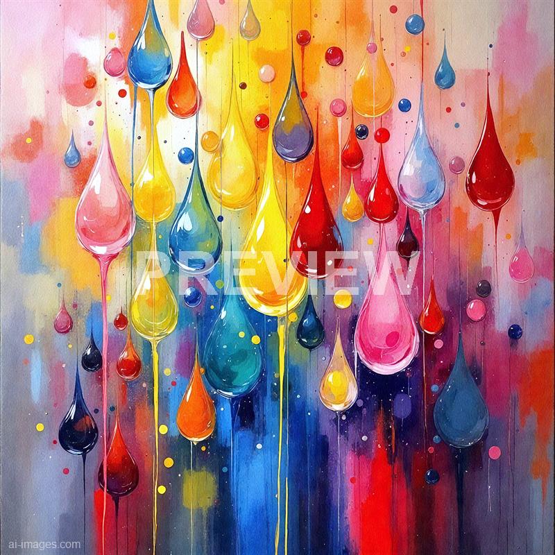 The image features an abstract watercolor painting with vibrant, flowing droplets of various sizes cascading down the canvas. The droplets are painted in a spectrum of bright colors including pink, yellow, blue, red, purple, and orange, set against a soft, multicolored background blending warm and cool tones. The painting has a dynamic and lively feel, with the droplets appearing to be suspended or falling through the space.